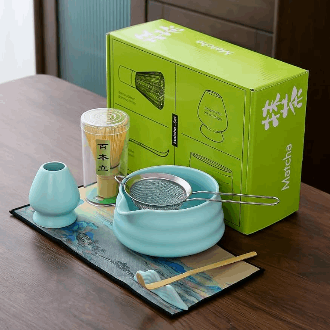 Buy green matcha tea gift set online in India – complete Japanese tea set with whisk, bowl, scoop & sifter