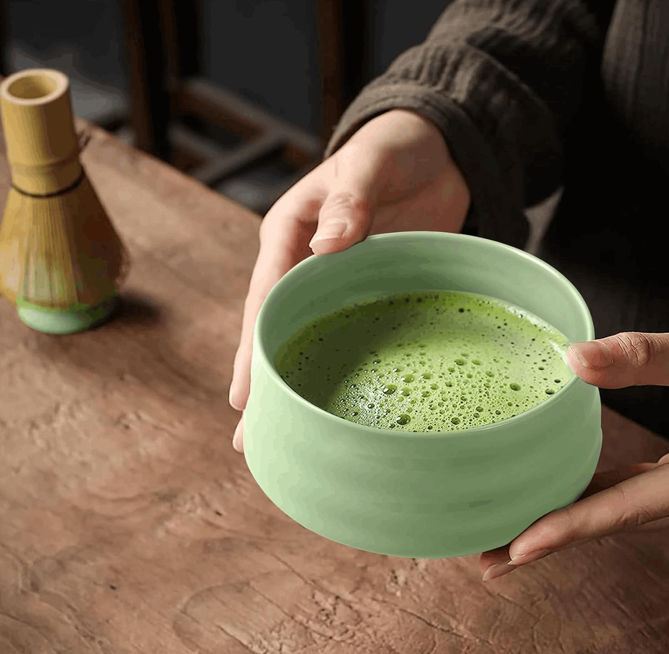 Eco-friendly green ceramic tea set with 7 matcha-making tools – ideal for wellness gifts and mindful tea lovers