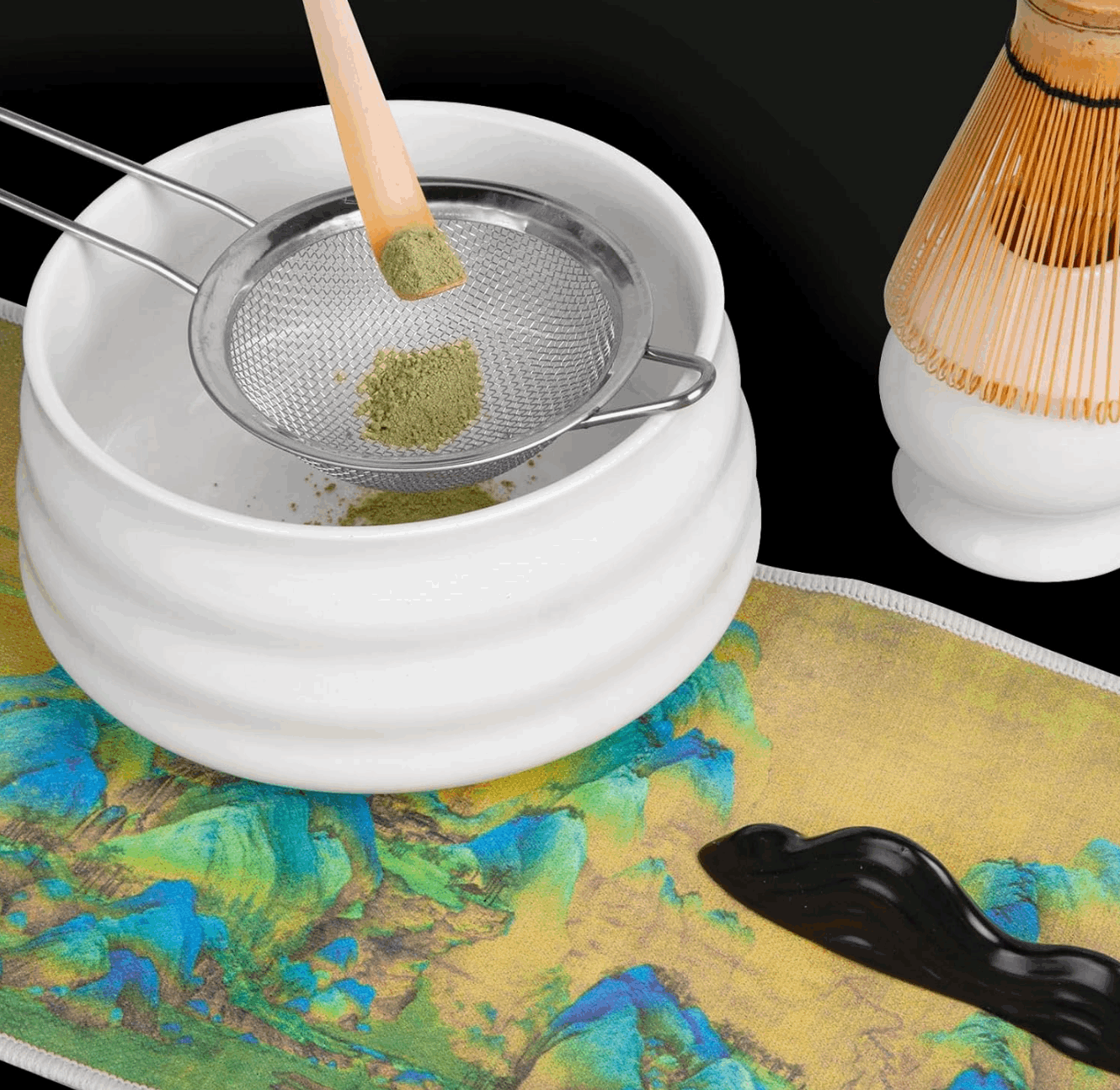 Japanese matcha tea ritual set – white chawan, chasen, and chashaku