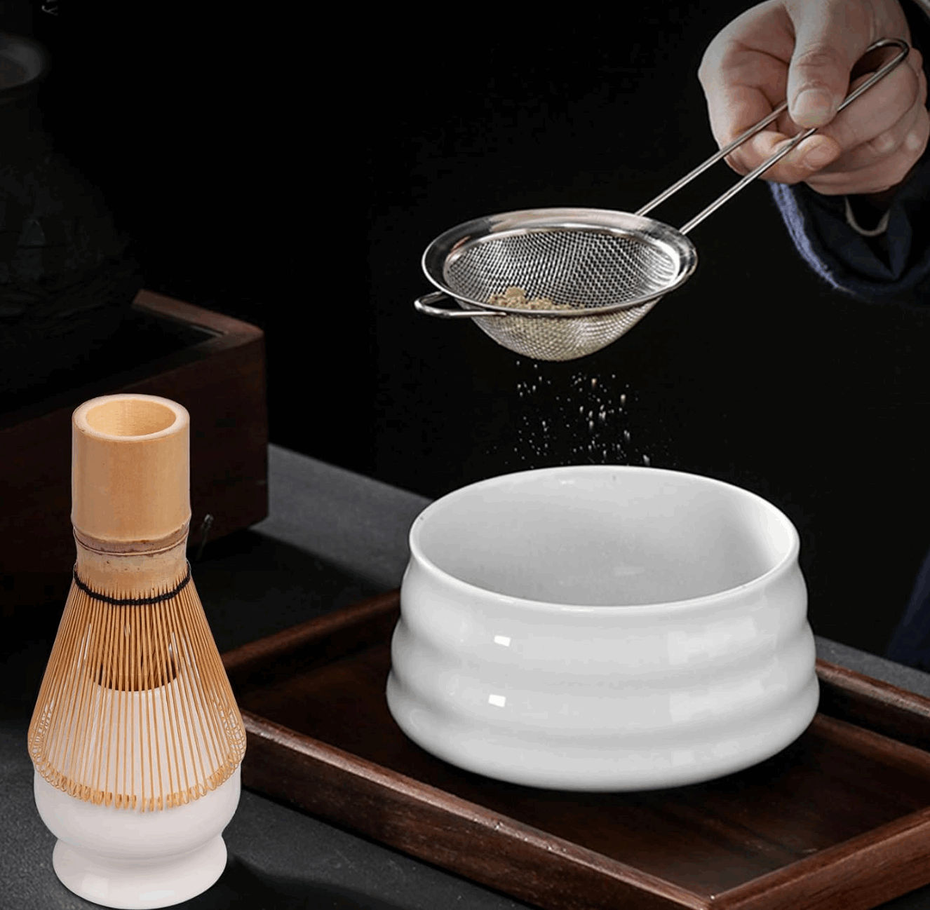 Eco-friendly matcha tea set with natural bamboo tools and ceramic pieces